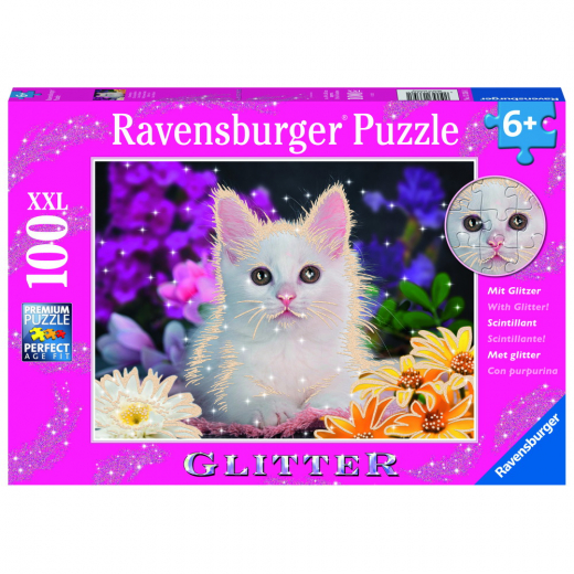 Ravensburger pussel: White Kitten Glitter XXL 100 Bitar i gruppen PUSSEL / < 625 bitar hos Spelexperten (10113358)