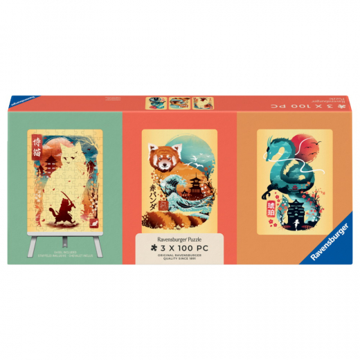 Ravensburger Pussel: Ukiyo-E Cat Warrior, Red Panda & Dragon 3x100 Bitar i gruppen PUSSEL / < 750 bitar hos Spelexperten (12002048)