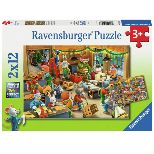 Ravensburger Pussel: Christmas Toy Factory 2x12 Bitar i gruppen PUSSEL / Barnpussel hos Spelexperten (12004047)