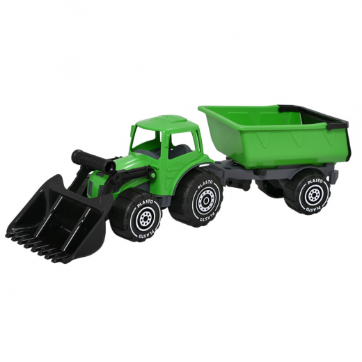 Plasto Traktor med frontlastare och släp - Grön/Svart i gruppen LEKSAKER / Plasto hos Spelexperten (1672000GRB)