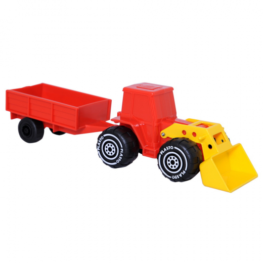 Plasto Traktor med frontlastare och släp - Röd/Gul i gruppen LEKSAKER / Leksaksfordon / Plasto hos Spelexperten (6410310119226)