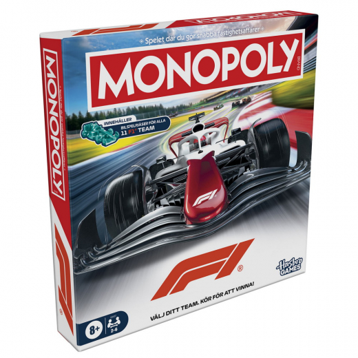 Monopoly F1-brädspel i en förpackning med en racerbil och texten