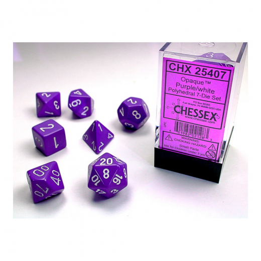 Dice Set 7 Opaque Purple/White i gruppen SÄLLSKAPSSPEL / Tillbehör / Tärningar & tillbehör hos Spelexperten (CHX25407)