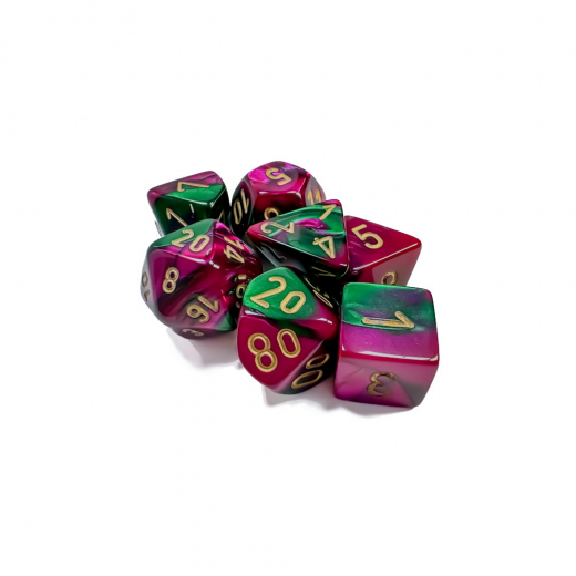 Dice Set 7 Gemini Green-Purple/Gold i gruppen SÄLLSKAPSSPEL / Tillbehör / Tärningar & tillbehör hos Spelexperten (CHX26434)