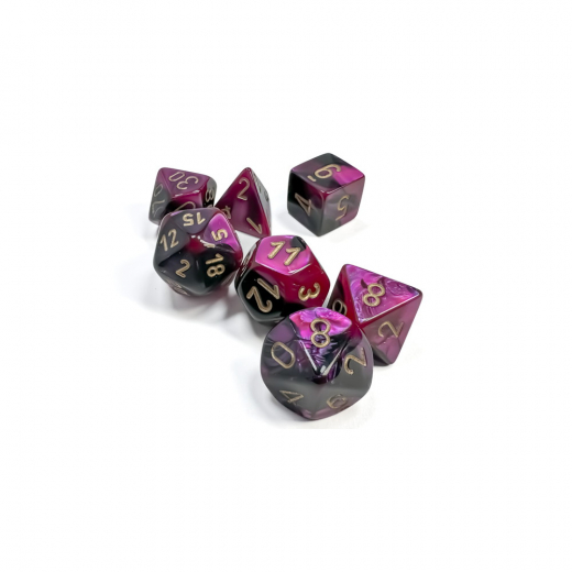 Dice Set 7 Gemini Black-Purple/Gold i gruppen SÄLLSKAPSSPEL / Tillbehör / Tärningar & tillbehör hos Spelexperten (CHX26440)