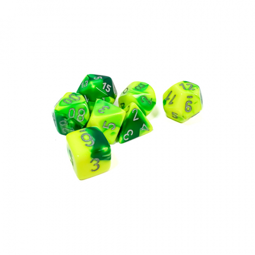 Dice Set 7 Gemini Green-Yellow/Silver i gruppen SÄLLSKAPSSPEL / Tillbehör / Tärningar & tillbehör hos Spelexperten (CHX26454)
