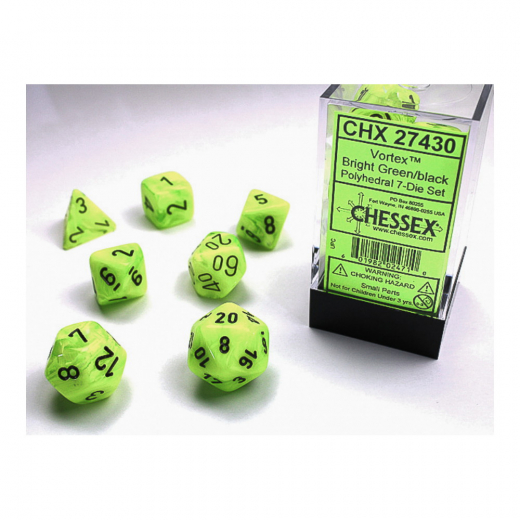 Dice Set 7 Vortex Bright Green/Black i gruppen SÄLLSKAPSSPEL / Tillbehör / Tärningar & tillbehör hos Spelexperten (CHX27430)