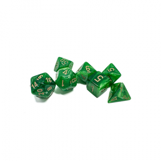 Dice Set 7 Vortex Green/Gold i gruppen SÄLLSKAPSSPEL / Tillbehör / Tärningar & tillbehör hos Spelexperten (CHX27435)