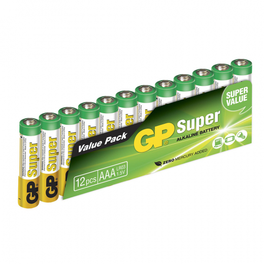 GP Super Alkaline AAA-batteri, 24A/LR03, 12-pack i gruppen SÄLLSKAPSSPEL / Tillbehör hos Spelexperten (GP-151035)
