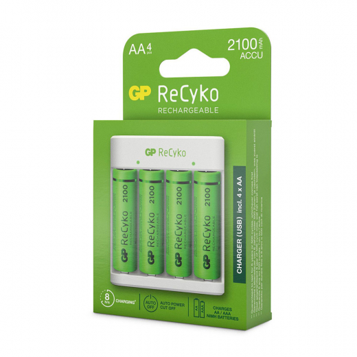 GP ReCyko Laddare, inkl. 4st AA 2100mAh NiMH-batterier i gruppen LEKSAKER / Batterier & laddare hos Spelexperten (GP-202233)