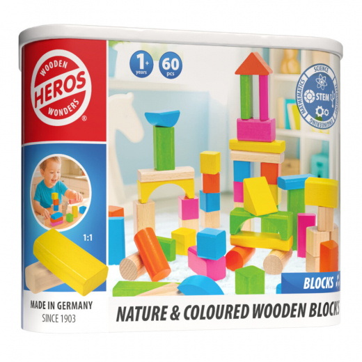 Wooden Wonders - Nature & Coloured Wooden Blocks 60 delar i gruppen LEKSAKER / Byggklossar hos Spelexperten (HE0004)