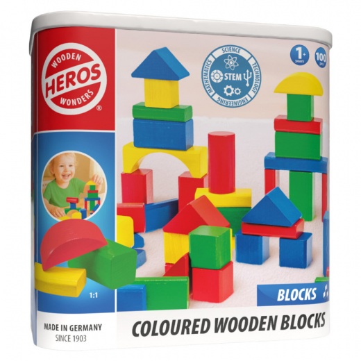 Wooden Wonders - Coloured Wooden Blocks 100 delar i gruppen LEKSAKER / Byggklossar hos Spelexperten (HE0005)