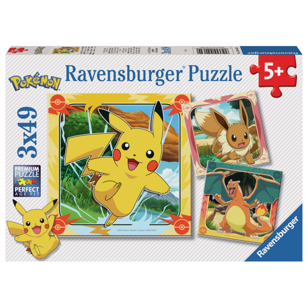 Ravensburger Pussel: Pikachu, Charizard and Eevee! 3x49 Bitar