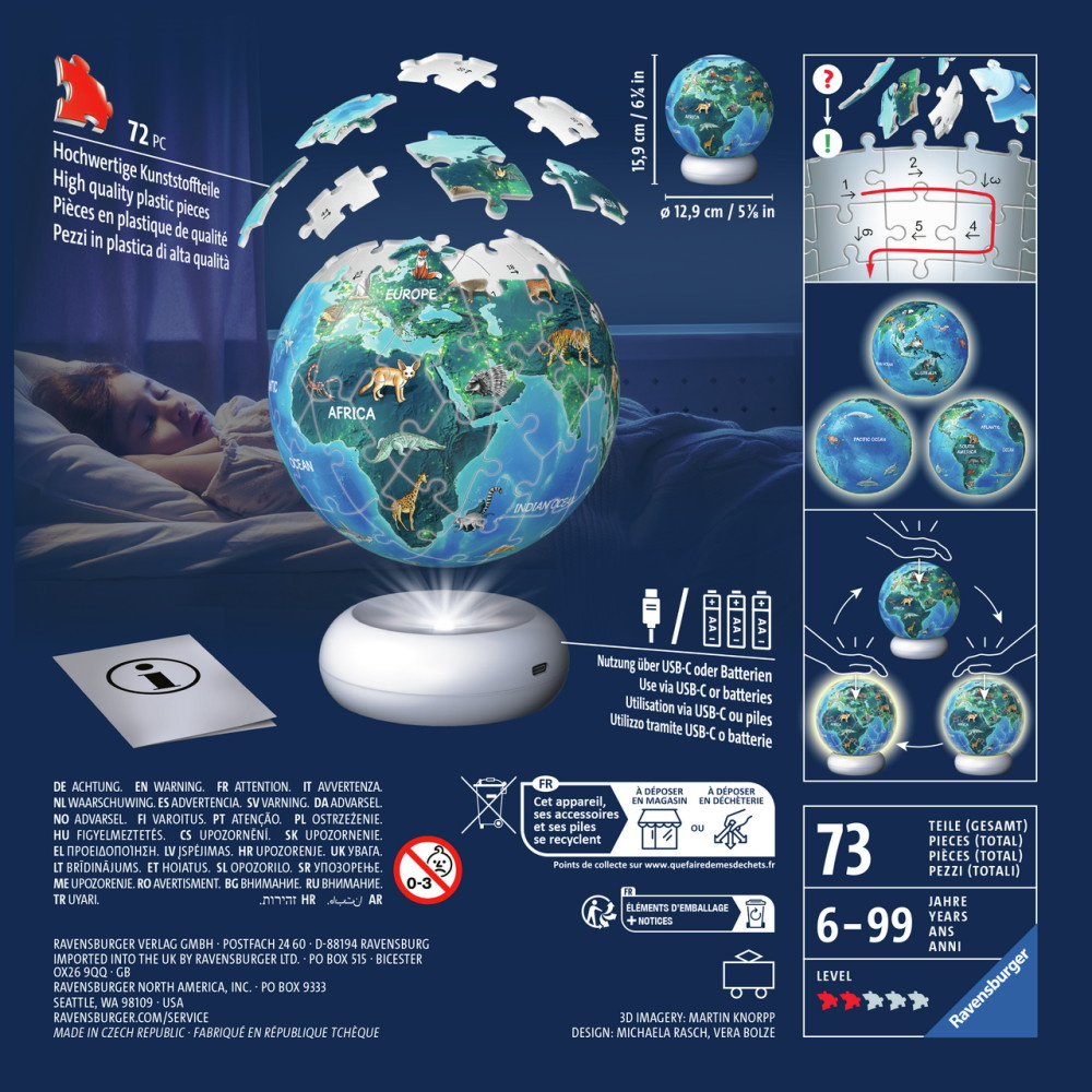 Ravensburger 3D Pussel - Jordglob Med Nattlampa 73 Bitar