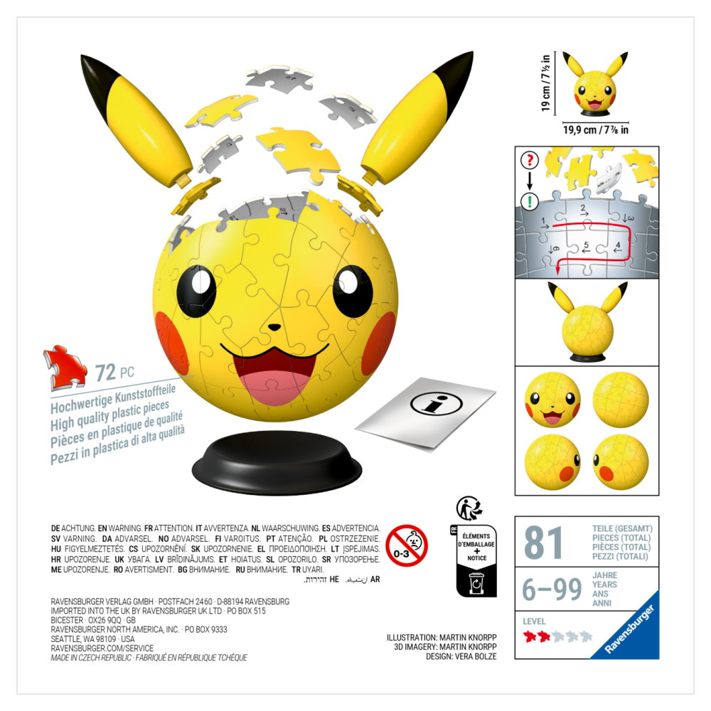 Ravensburger 3D Pussel: Pokémon Pikachu med öron 72 Bitar