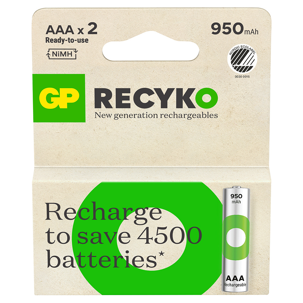 GP Recyko AAA-batteri, 950mAh, 2-pack