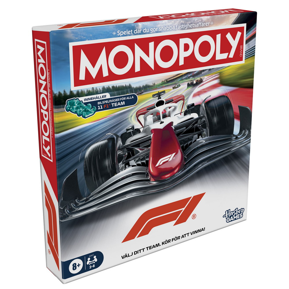 Monopolspel med F1-tema, inklusive en bild av en Formel 1-bil. Spelet är avsett för 2-6 spelare från 8 år och uppåt.