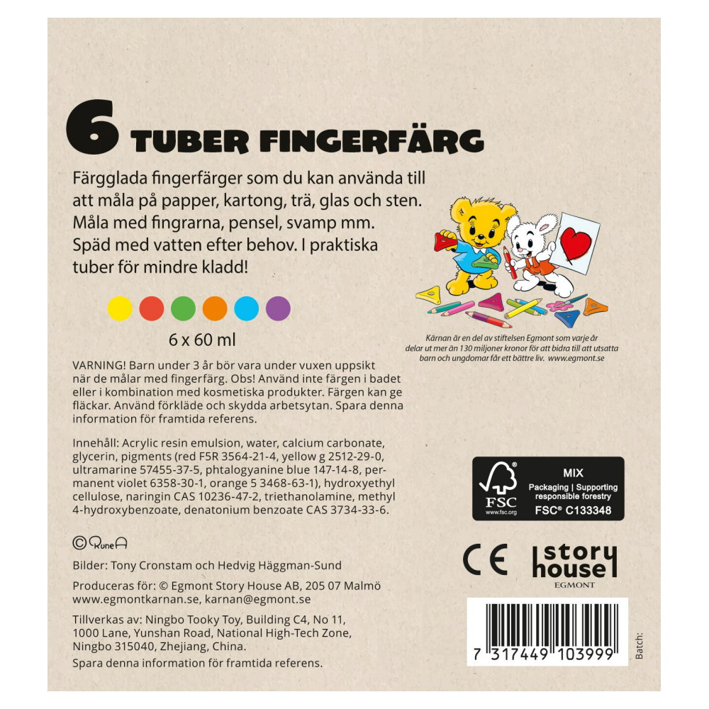 Bamse - 6 Tuber Fingerfärg