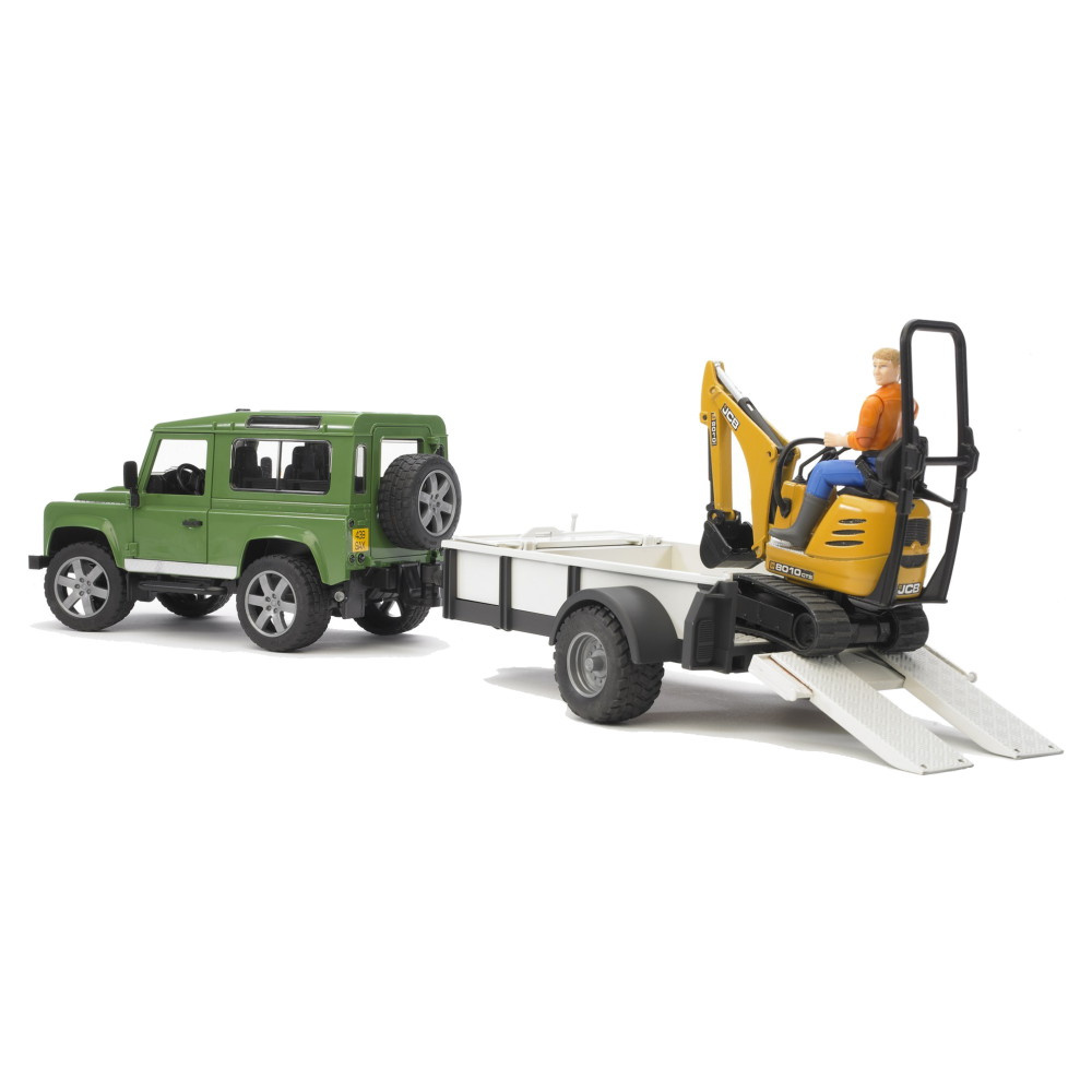 Bruder Land Rover Defender med släp inkl. JCB Minilastare + figur